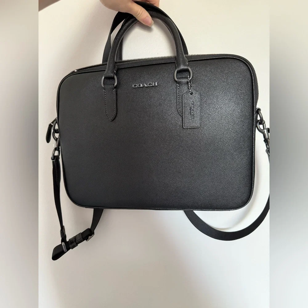 Unisex Coach black Leather Laptop Bag with Detachable Strap